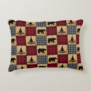 Rustikale Buffalo Karo Bears Bäume Holz Rot Schwar Dekokissen