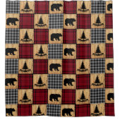 Rustikale Buffalo Karo Bears Bäume Holz Rot Schwar Duschvorhang (Vorderseite)