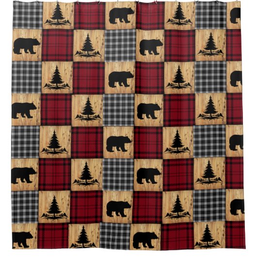 Rustikale Buffalo Karo Bears Bäume Holz Rot Schwar Duschvorhang (Vorderseite)
