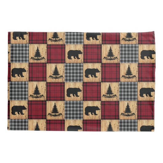 Rustikale Buffalo Karo Bears Bäume Holz Rot Schwar Kissenbezug (Rückseite)