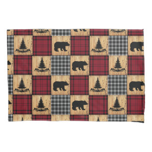 Rustikale Buffalo Karo Bears Bäume Holz Rot Schwar Kissenbezug