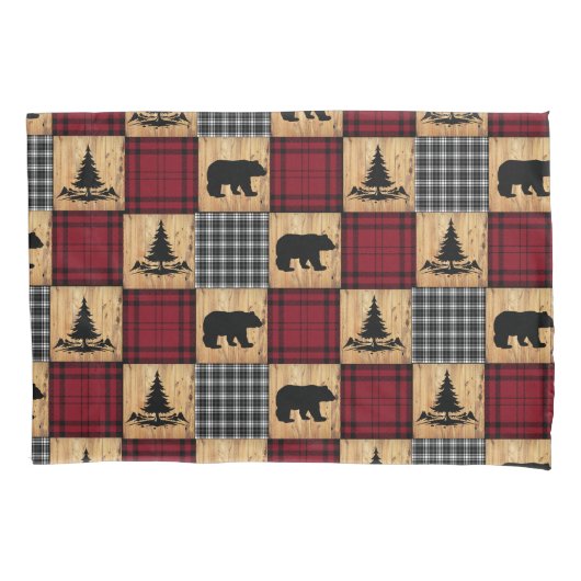 Rustikale Buffalo Karo Bears Bäume Holz Rot Schwar Kissenbezug (Vorderseite)