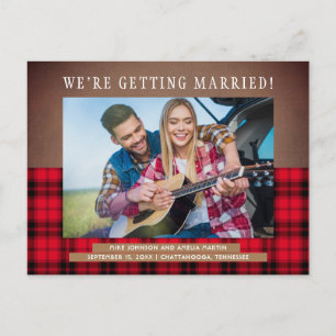 Rustikale Buffalo-Karo-Hochzeit Save Date Foto Ankündigungspostkarte