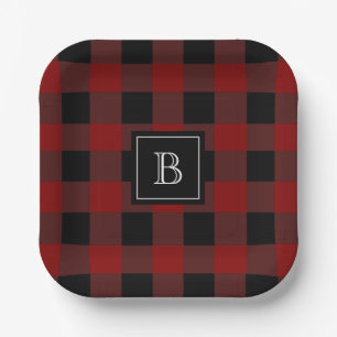 Rustikale Buffalo-Karo Muster Modern Monogramm Rot Pappteller