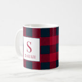 Rustikale Buffalo-Rot-Schwarz-Karo-Monogramm-Name Kaffeetasse (Vorderseite Links)