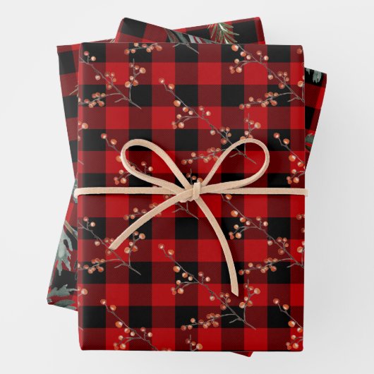 Rustikale Büffel-Karierte Spruce-Zweige Ilex Berri Geschenkpapier Set (Beispiel)