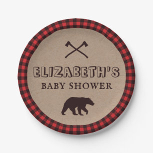 Rustikale Büffel-Karo-Lumberjack-Baby-Party Pappteller