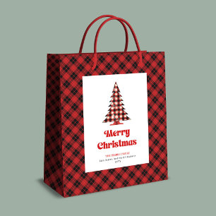 Rustikale Büffelkariert-Tannenbaum-Geschenktasche  Mittlere Geschenktüte