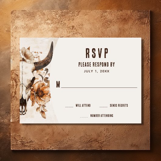 Rustikale Bullkuh Skull Floral Boho Western Hochze RSVP Karte