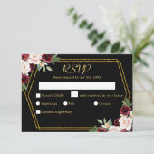 Rustikale Burgund Bloral Black & Gold Hochzeit RSVP Karte (Stehend Vorderseite)