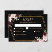 Rustikale Burgund Bloral Black & Gold Hochzeit RSVP Karte (Vorne/Hinten)