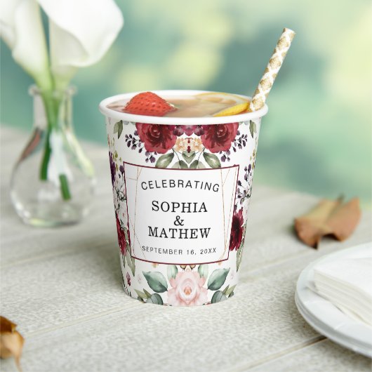 Rustikale Burgund Blush Abstrakte Hochzeit Pappbecher (In Situ)