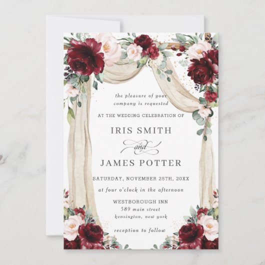 Rustikale Burgund Blush Blume Arch Wedding Einladung (Vorderseite)