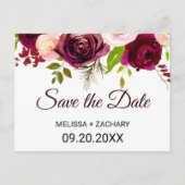 Rustikale Burgund-Blütenkarte Save the Date Postkarte (Vorderseite)