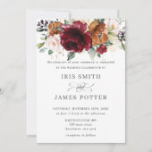 Rustikale Burgund Burnt Orange Blush Blumenhochzei Einladung (Vorderseite)