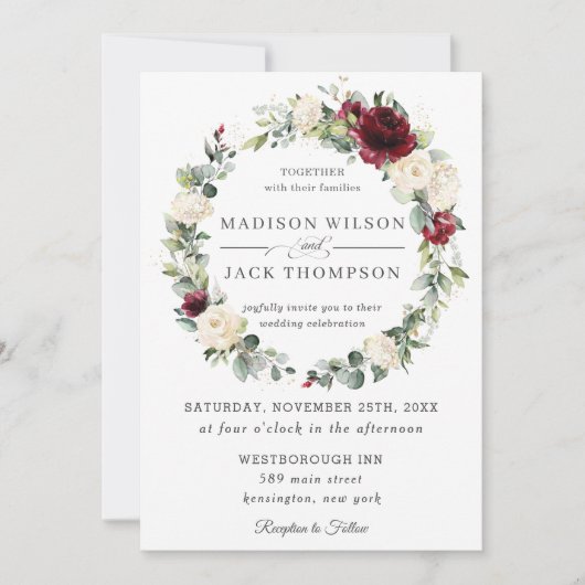 Rustikale Burgund Elfenbeinblütenhochzeit Einladung (Vorderseite)