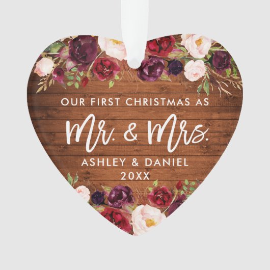 Rustikale Burgund Floral Erste Weihnachtsfeier Ornament (Vorderseite)