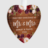 Rustikale Burgund Floral Erste Weihnachtsfeier Ornament (Vorderseite)