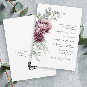 Rustikale Burgund-Floral QR-Hochzeit im Herbst Einladung