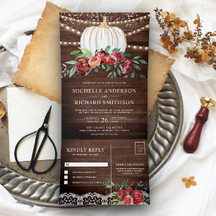 Rustikale Burgund-Floral White Pumpkin-Hochzeit im Dreifach Gefaltete Einladung