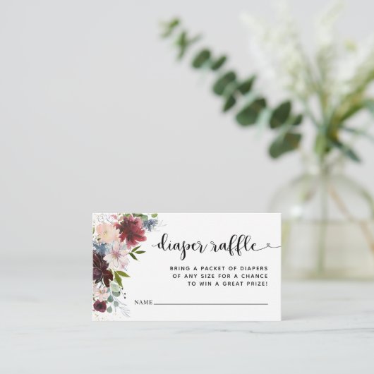 Rustikale Burgund-Floral-Windeln-Raffel-Ticketeinl Begleitkarte (Stehend Vorderseite)