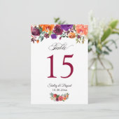 Rustikale Burgund Orange Floral Wedding Tischnumme Menükarte (Stehend Vorderseite)