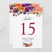 Rustikale Burgund Orange Floral Wedding Tischnumme Menükarte (Vorne/Hinten)