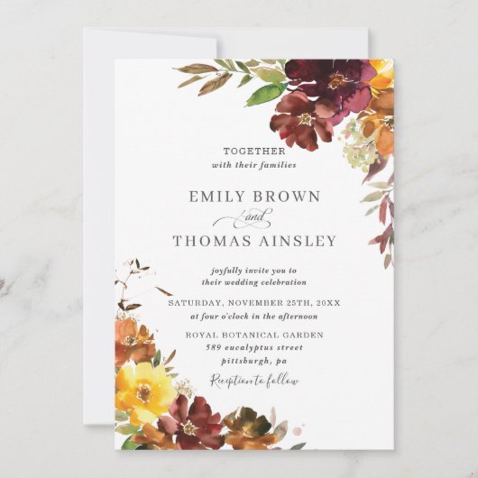 Rustikale Burgund-Orange-Gelbe Hochzeit im Herbst Einladung (Vorderseite)