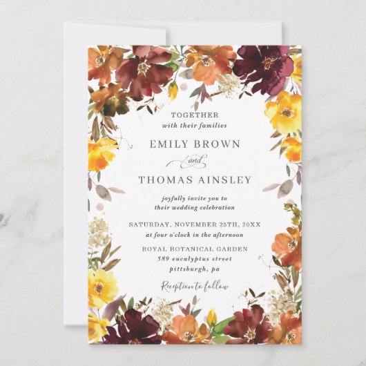 Rustikale Burgund-Orange-Gelbe Hochzeit im Herbst Einladung (Vorderseite)