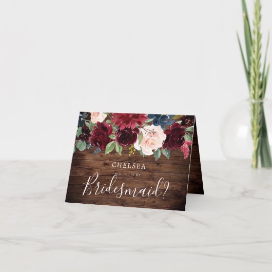 Rustikale Burgund Red Wine Blume Bridesmaid Card Karte (Vorderseite)