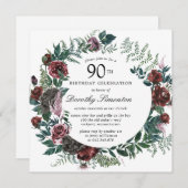 Rustikale Burgund Rose Floral 90. Geburtstag Einladung (Vorne/Hinten)