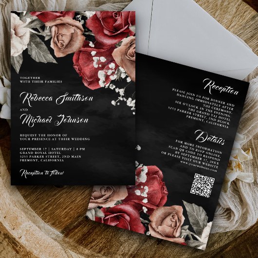 Rustikale Burgund-Rose QR-Code Black Wedding Einladung