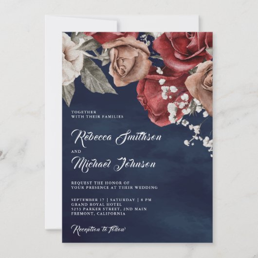 Rustikale Burgund-Rose QR Code Navy Blue Wedding Einladung (Vorderseite)