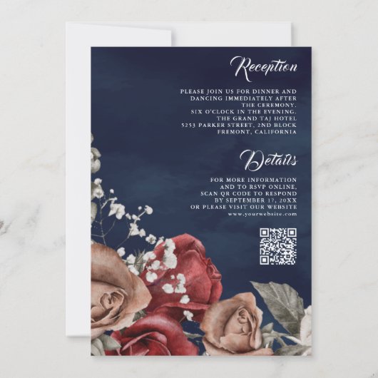 Rustikale Burgund-Rose QR Code Navy Blue Wedding Einladung (Rückseite)