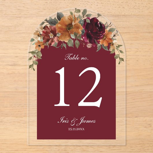 Rustikale Burgund Rust Floral Wedding Tischnummer (Vorderseite)