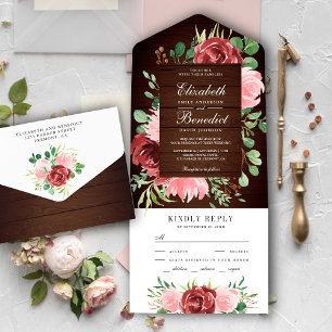 Rustikale Burgund- und Rosafarben-Blumen-Hochzeit All In One Einladung