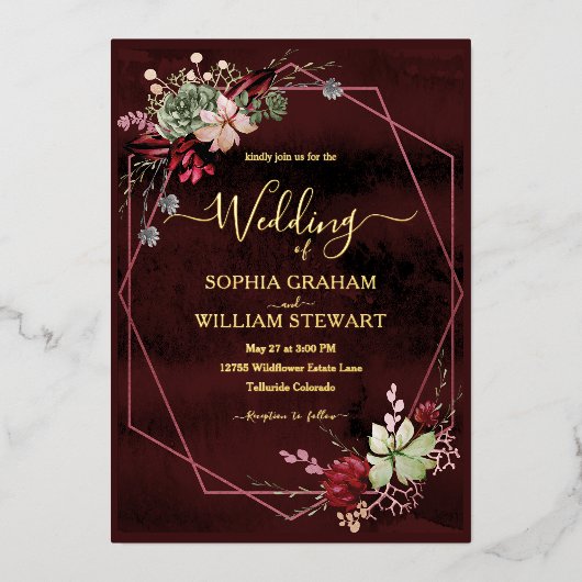 Rustikale Burgund-Wasserfarbenkalligrafie Folieneinladung (Vorderseite)