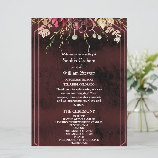 Rustikale Burgund-Wasserfarbenkalligrafie Programm (Stehend Vorderseite)