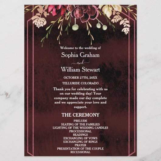 Rustikale Burgund-Wasserfarbenkalligrafie Programm (Vorderseite)