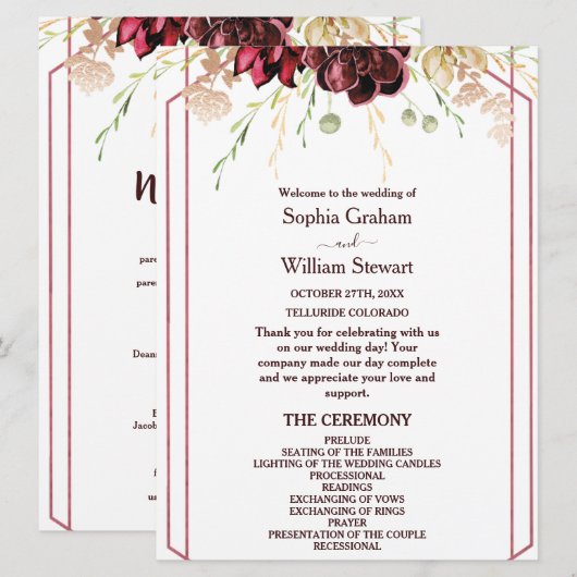 Rustikale Burgund-Wasserfarbenkalligrafie Programm (Vorne/Hinten)