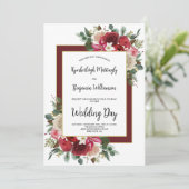 Rustikale Burgund Winter Floral Weihnachten Hochze Einladung (Stehend Vorderseite)