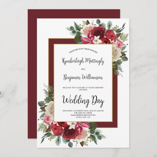 Rustikale Burgund Winter Floral Weihnachten Hochze Einladung (Vorne/Hinten)