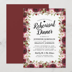 Rustikale Burgunder Blume Hochzeit Probe Dinner Einladung