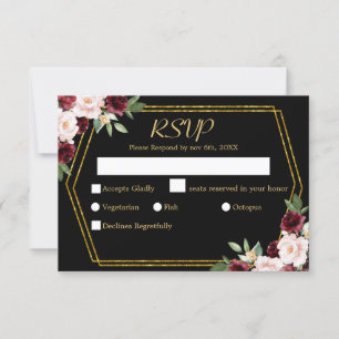 Rustikale Burgunder-Blumen-Hochzeit in Schwarz und RSVP Karte