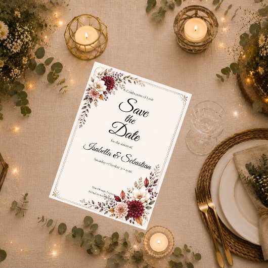 Rustikale Burgunder-Blumenhochzeit Save The Date