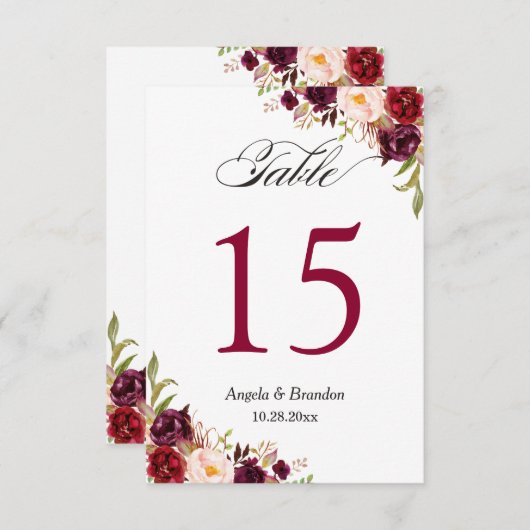 Rustikale Burgunder Blumenkarte Tischnummer (Vorne/Hinten)