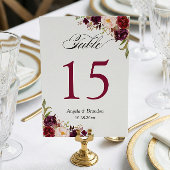 Rustikale Burgunder Blumenkarte Tischnummer