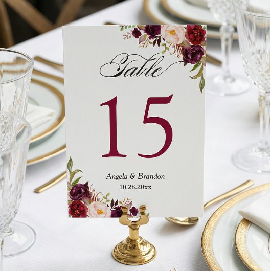 Rustikale Burgunder Blumenkarte Tischnummer