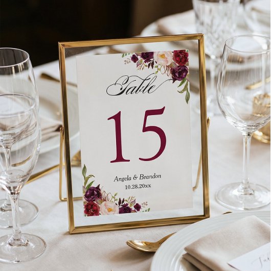 Rustikale Burgunder Blumenkarte Tischnummer