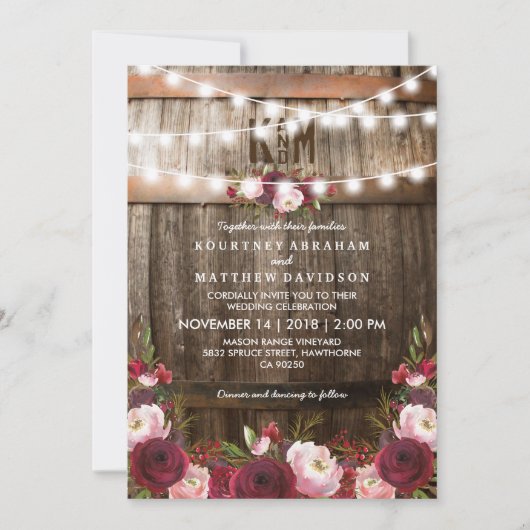 Rustikale Burgunder Blumenstrauß Hochzeit Einladung (Vorderseite)